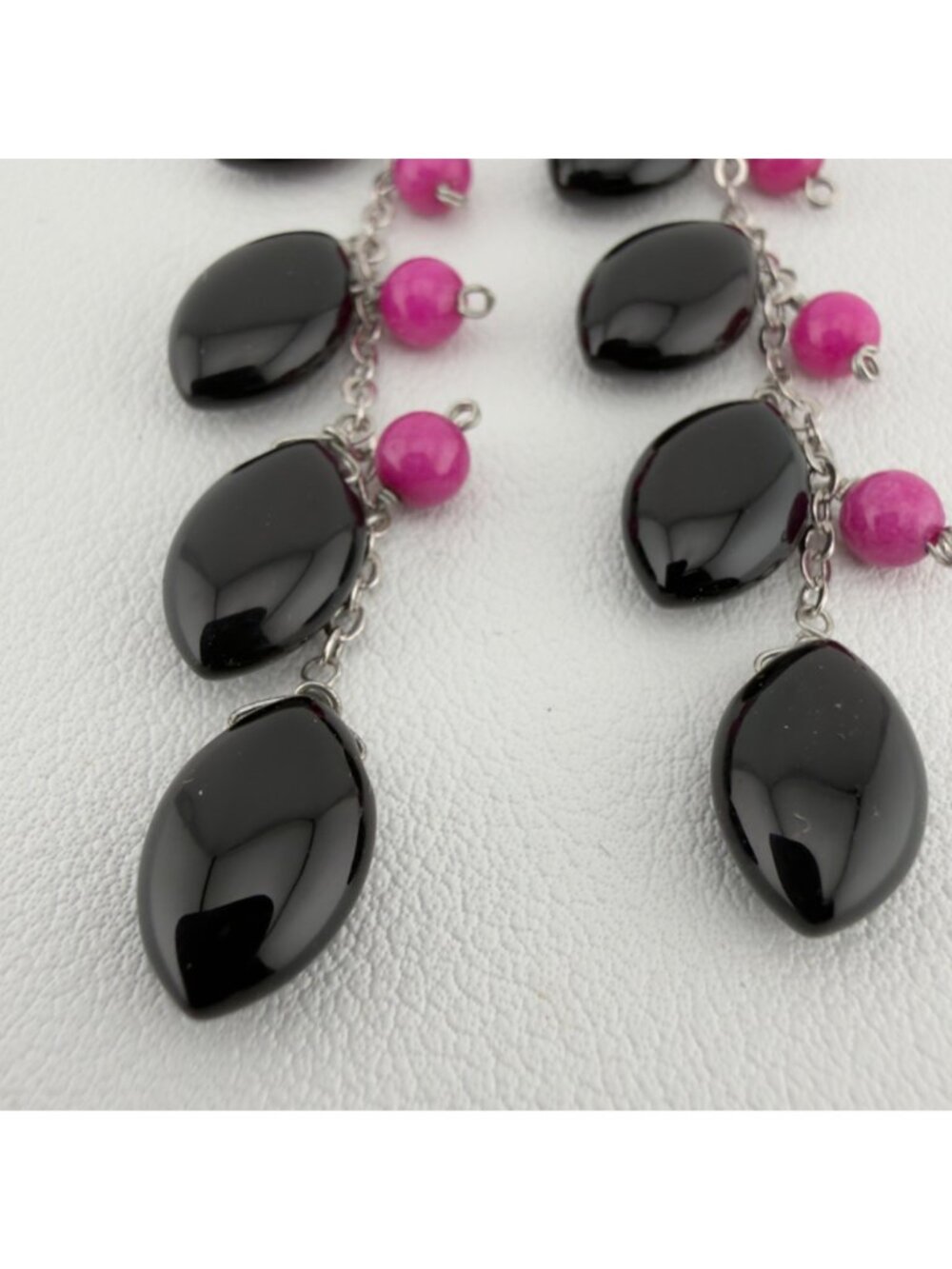 Sterling Silver Long Beaded Dangle Earrings Black Pink 2.5" - Picture 9 of 10